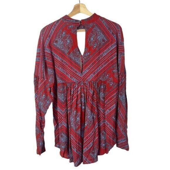 Free People Walking on a Dream Red & Blue Printed Long Sleeve Tunic M - Picture 2 of 7